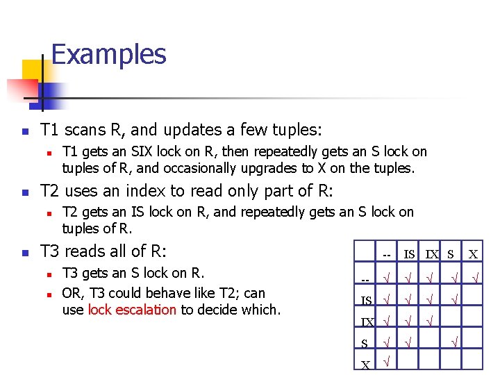 Examples n T 1 scans R, and updates a few tuples: n n T