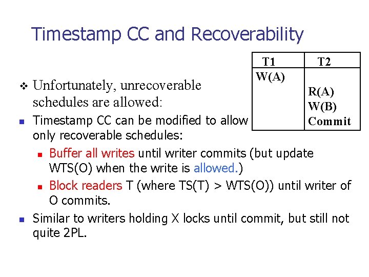 Timestamp CC and Recoverability v n n Unfortunately, unrecoverable schedules are allowed: T 1