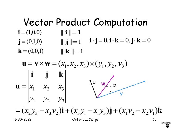 Vector Product Computation u w v 1/30/2022 Octavia I. Camps 15 