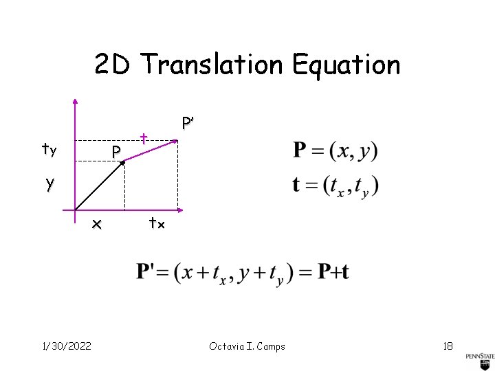 2 D Translation Equation ty P P’ t y x 1/30/2022 tx Octavia I.