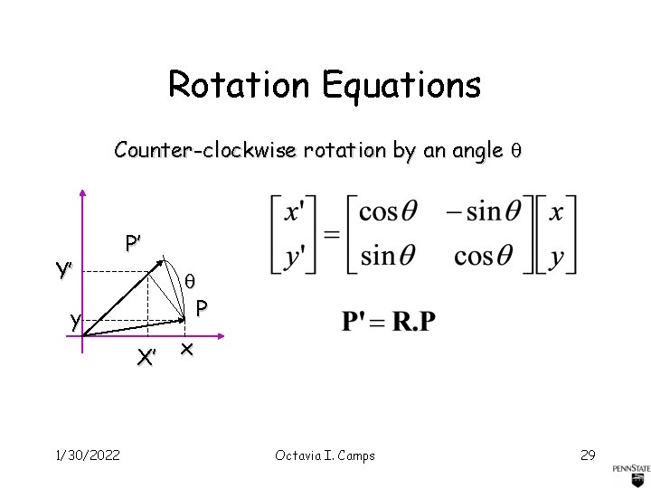 Rotation Equations Counter-clockwise rotation by an angle Y’ P’ P y X’ 1/30/2022 x