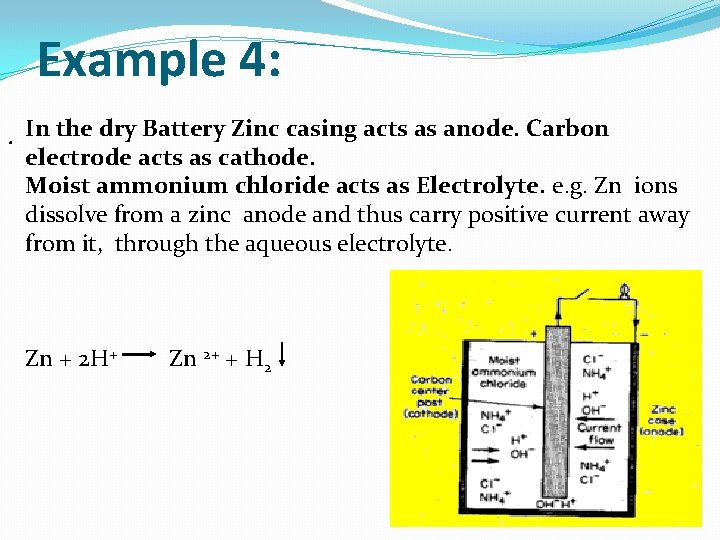 Example 4: . In the dry Battery Zinc casing acts as anode. Carbon electrode