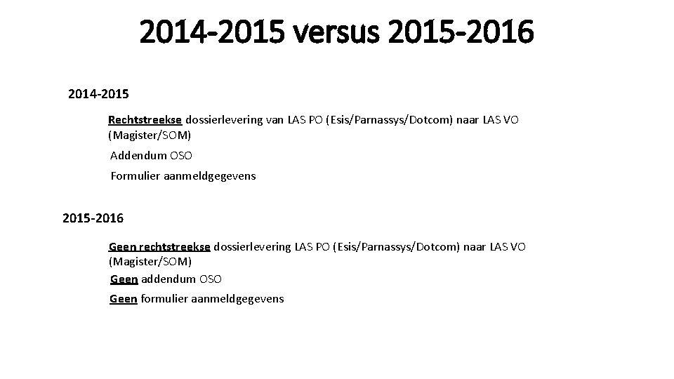 2014 -2015 versus 2015 -2016 2014 -2015 Rechtstreekse dossierlevering van LAS PO (Esis/Parnassys/Dotcom) naar
