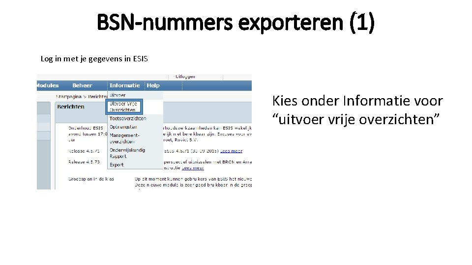 BSN-nummers exporteren (1) Log in met je gegevens in ESIS Kies onder Informatie voor