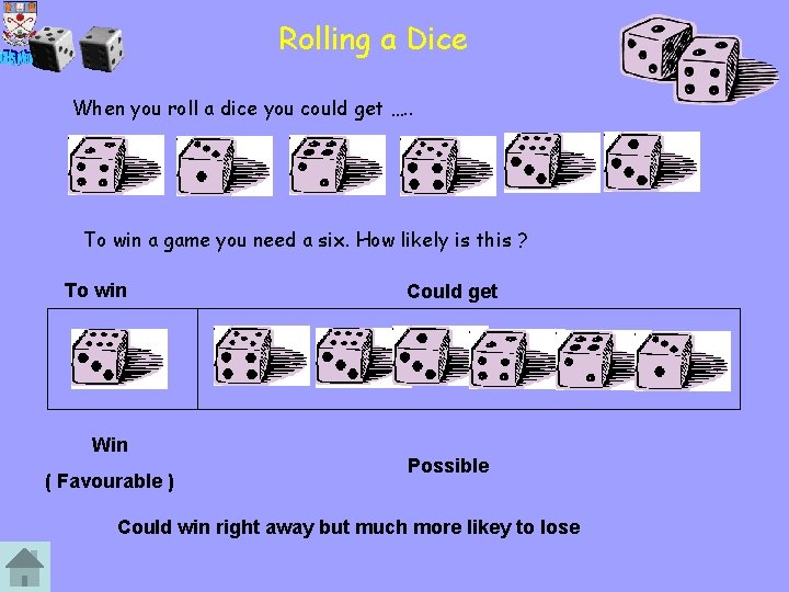 Rolling a Dice When you roll a dice you could get …. . To