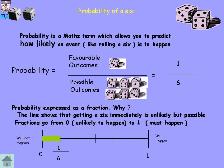Probability of a six Probability is a Maths term which allows you to predict