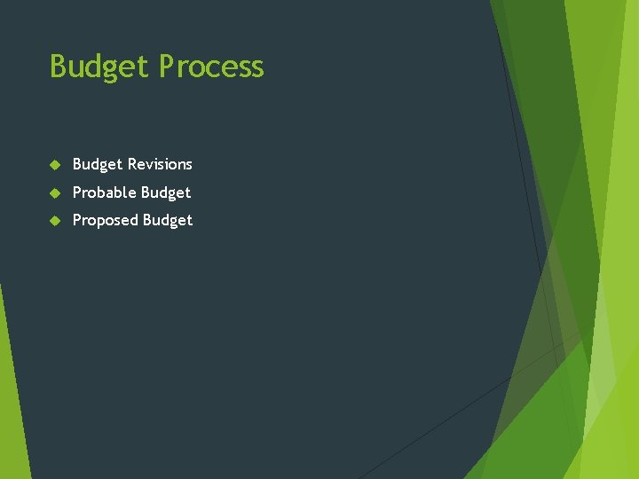 Budget Process Budget Revisions Probable Budget Proposed Budget 