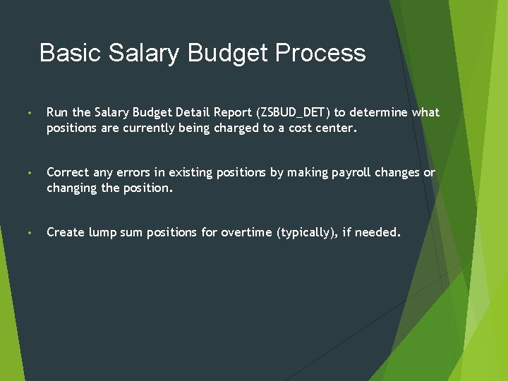 Basic Salary Budget Process • Run the Salary Budget Detail Report (ZSBUD_DET) to determine