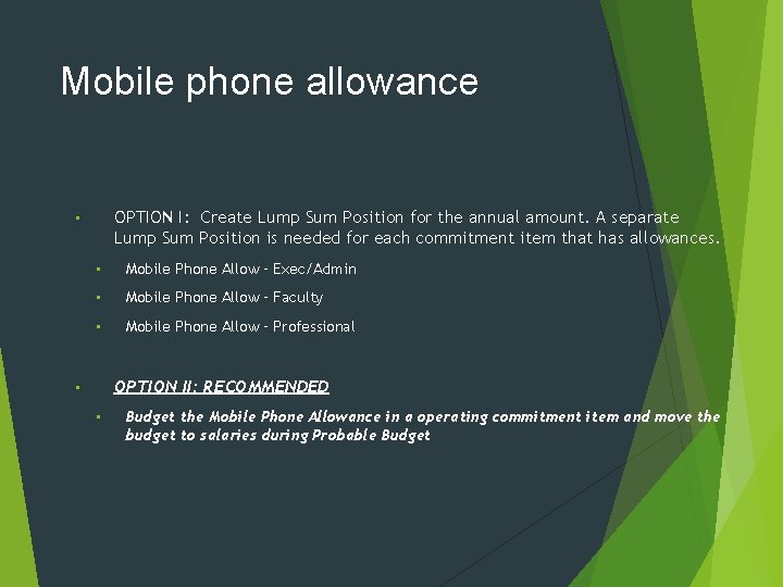 Mobile phone allowance OPTION I: Create Lump Sum Position for the annual amount. A