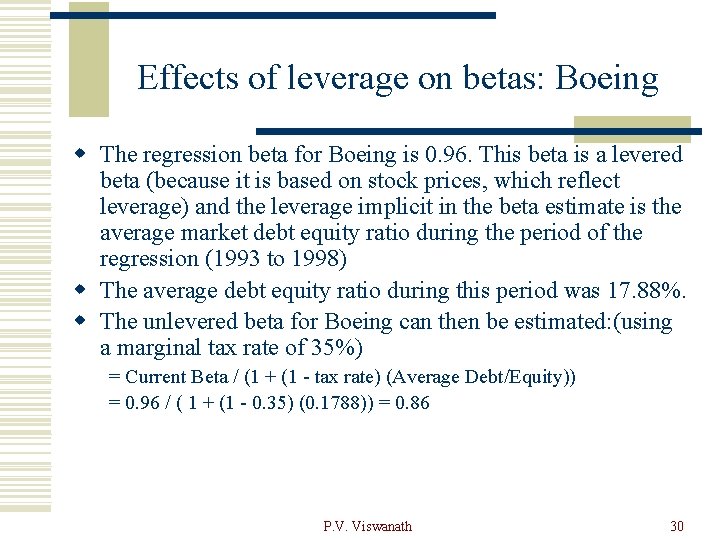 Effects of leverage on betas: Boeing w The regression beta for Boeing is 0.