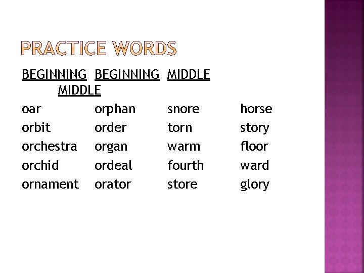 BEGINNING MIDDLE oar orphan orbit order orchestra organ orchid ordeal ornament orator MIDDLE snore