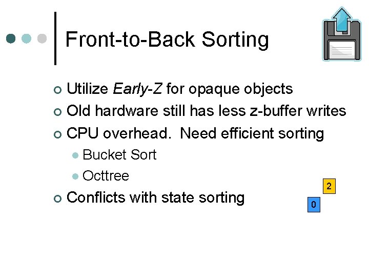 Front-to-Back Sorting Utilize Early-Z for opaque objects Old hardware still has less z-buffer writes