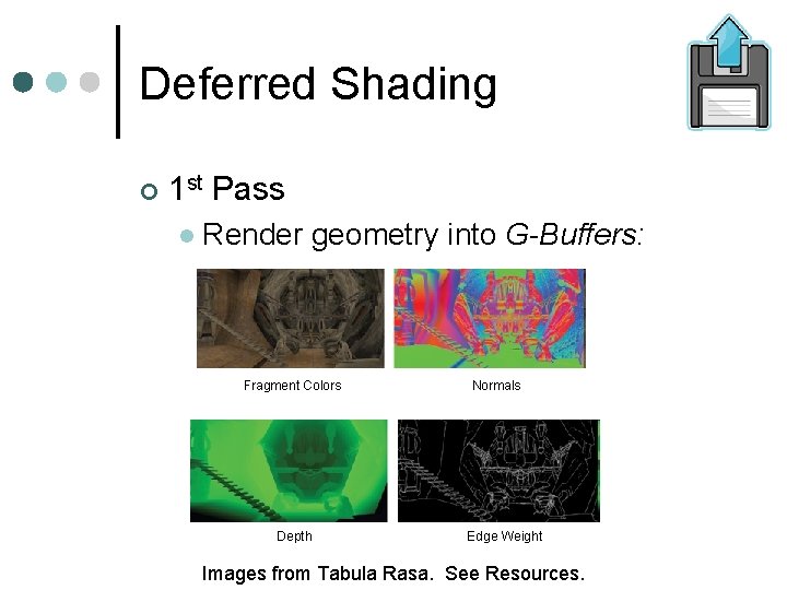 Deferred Shading 1 st Pass Render geometry into G-Buffers: Fragment Colors Depth Normals Edge