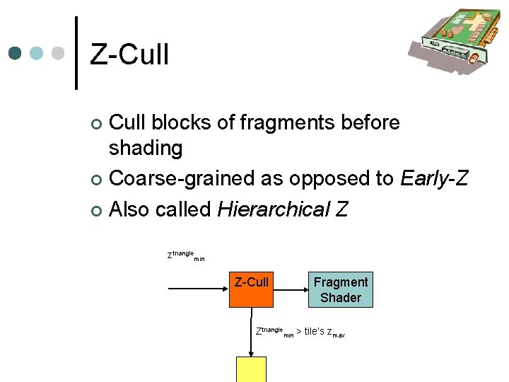 Z-Cull blocks of fragments before shading Coarse-grained as opposed to Early-Z Also called Hierarchical