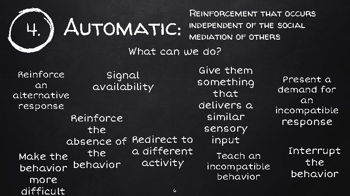 4. Automatic: Reinforcement that occurs independent of the social mediation of others What can