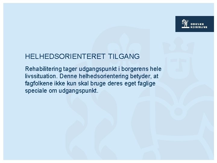 HELHEDSORIENTERET TILGANG Rehabilitering tager udgangspunkt i borgerens hele livssituation. Denne helhedsorientering betyder, at fagfolkene