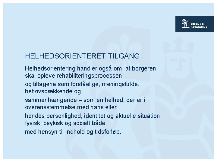 HELHEDSORIENTERET TILGANG Helhedsorientering handler også om, at borgeren skal opleve rehabiliteringsprocessen og tiltagene som