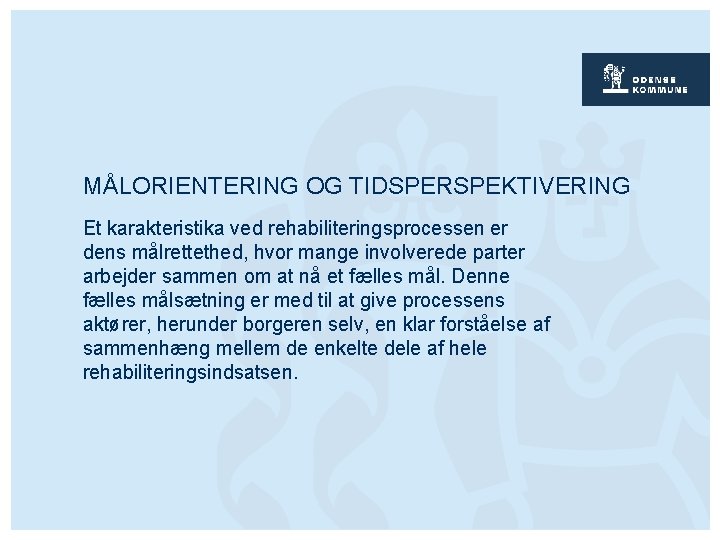 MÅLORIENTERING OG TIDSPERSPEKTIVERING Et karakteristika ved rehabiliteringsprocessen er dens målrettethed, hvor mange involverede parter