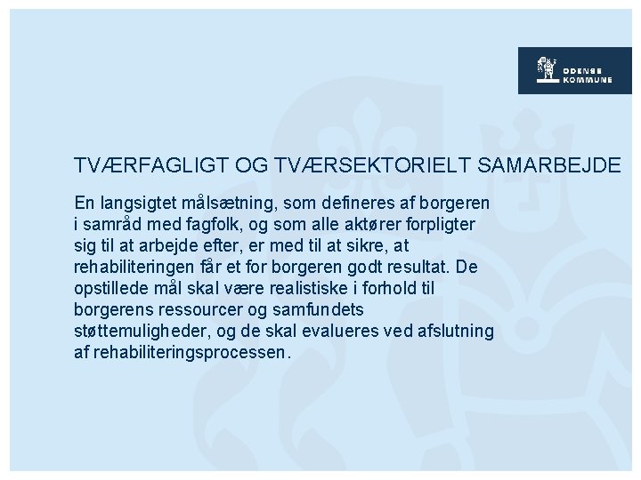 TVÆRFAGLIGT OG TVÆRSEKTORIELT SAMARBEJDE En langsigtet målsætning, som defineres af borgeren i samråd med