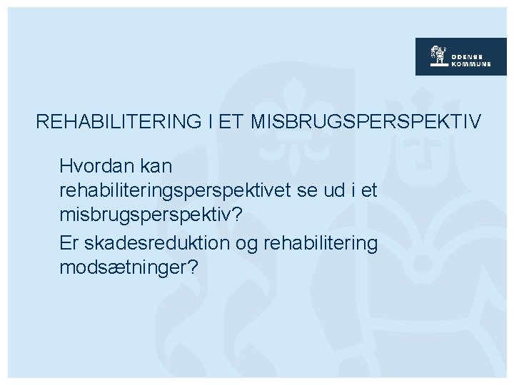 REHABILITERING I ET MISBRUGSPERSPEKTIV Hvordan kan rehabiliteringsperspektivet se ud i et misbrugsperspektiv? Er skadesreduktion