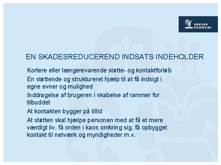EN SKADESREDUCEREND INDSATS INDEHOLDER Kortere eller længerevarende støtte- og kontaktforløb En støttende og struktureret