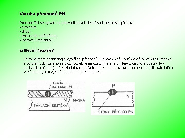 Výroba přechodů PN Přechod PN se vytváří na polovodičových destičkách několika způsoby: • sléváním,