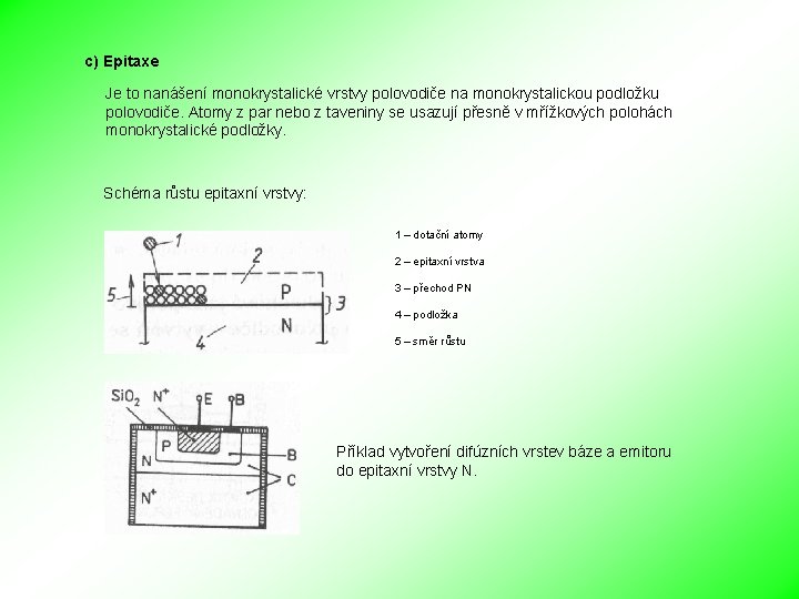 c) Epitaxe Je to nanášení monokrystalické vrstvy polovodiče na monokrystalickou podložku polovodiče. Atomy z