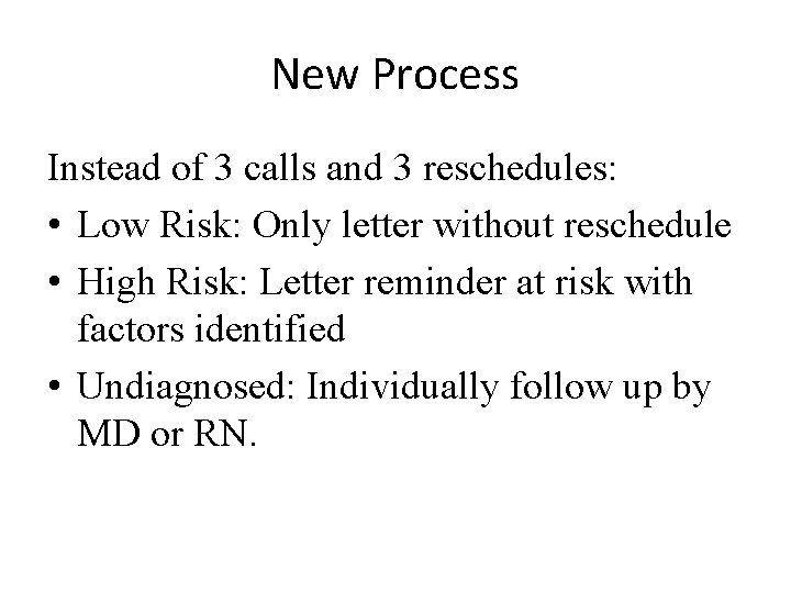 New Process Instead of 3 calls and 3 reschedules: • Low Risk: Only letter