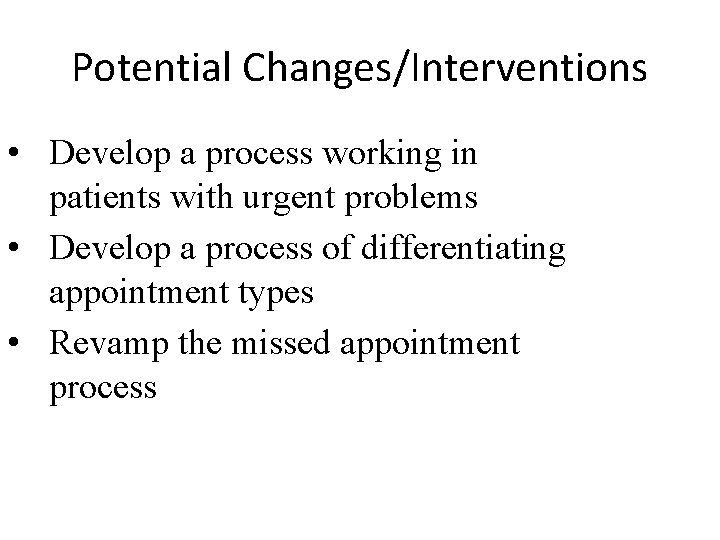 Potential Changes/Interventions • Develop a process working in patients with urgent problems • Develop