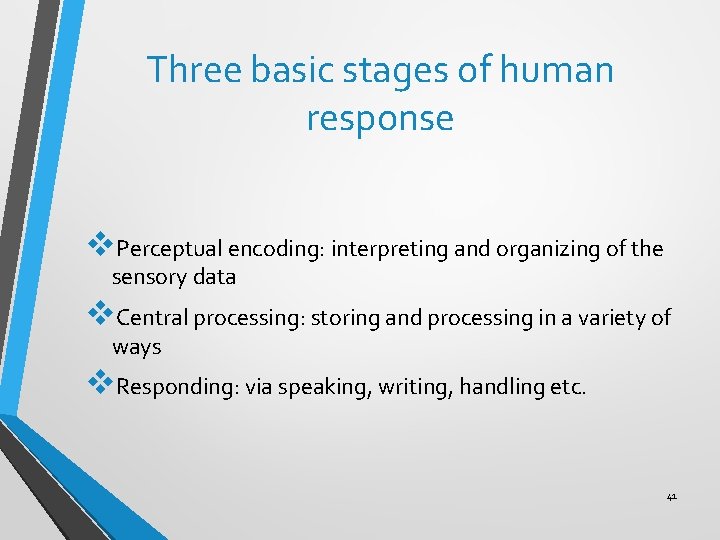 Three basic stages of human response v. Perceptual encoding: interpreting and organizing of the