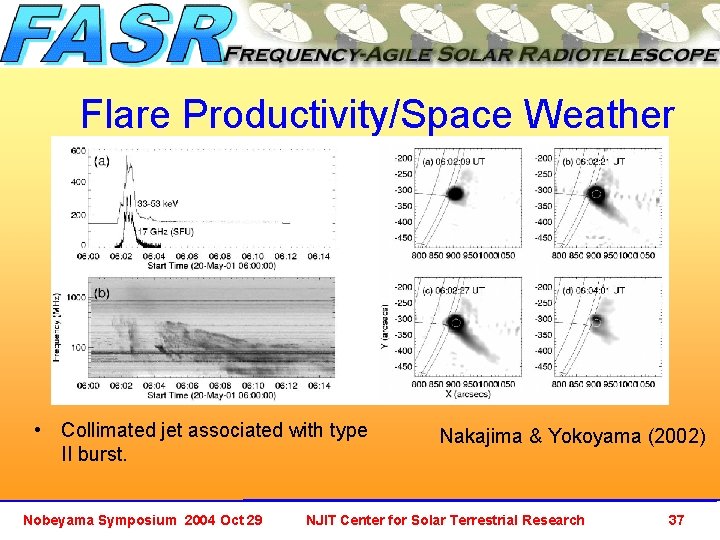 Flare Productivity/Space Weather • Collimated jet associated with type II burst. Nobeyama Symposium 2004