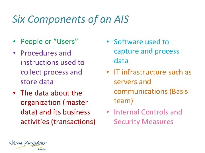 Six Components of an AIS • People or “Users” • Procedures and instructions used