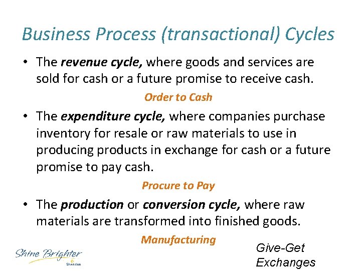 Business Process (transactional) Cycles • The revenue cycle, where goods and services are sold