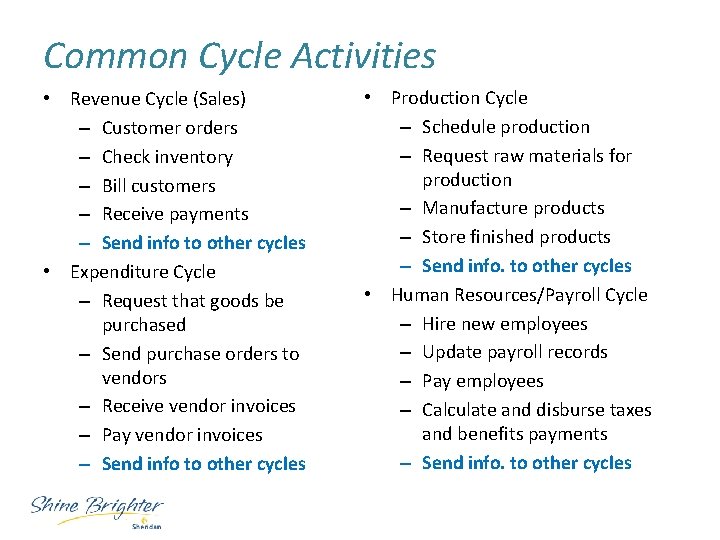 Common Cycle Activities • Revenue Cycle (Sales) – Customer orders – Check inventory –