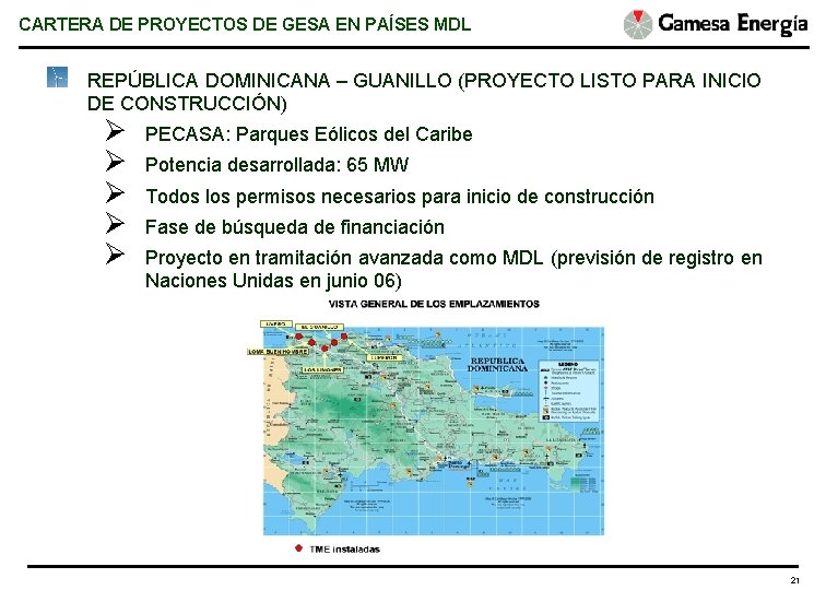 CARTERA DE PROYECTOS DE GESA EN PAÍSES MDL REPÚBLICA DOMINICANA – GUANILLO (PROYECTO LISTO