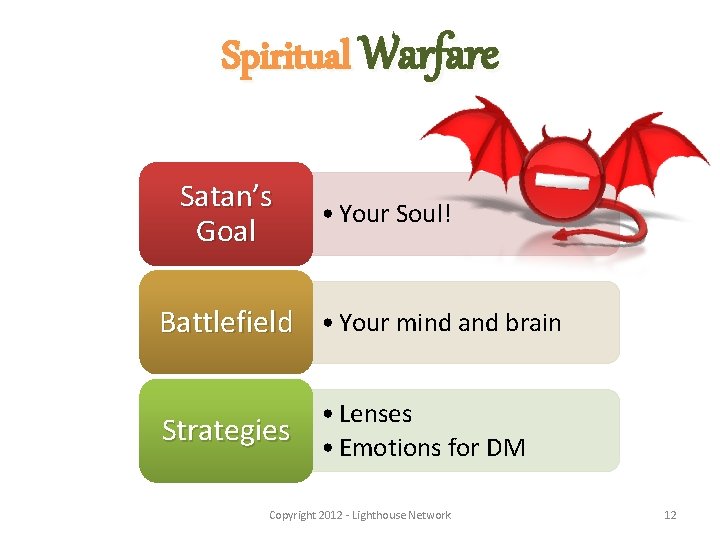 Spiritual Warfare Satan’s Goal • Your Soul! Battlefield • Your mind and brain Strategies