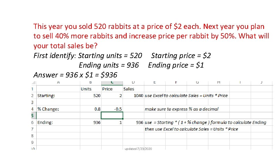 This year you sold 520 rabbits at a price of $2 each. Next year