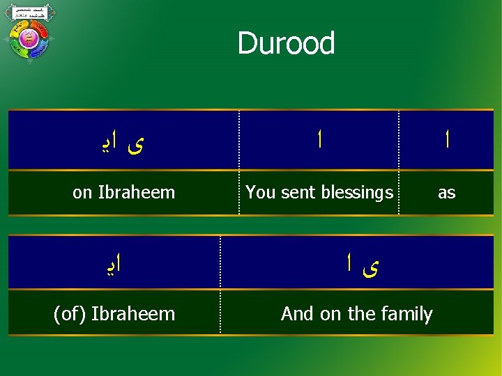 Durood ﻯ ﺍﻳ ﺍ ﺍ on Ibraheem You sent blessings as ﺍﻳ ﻯﺍ (of)