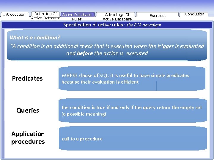 Introduction Definition Of Présentation Active Database Rules Advantage Of Active Database Exercices Conclusion Specification