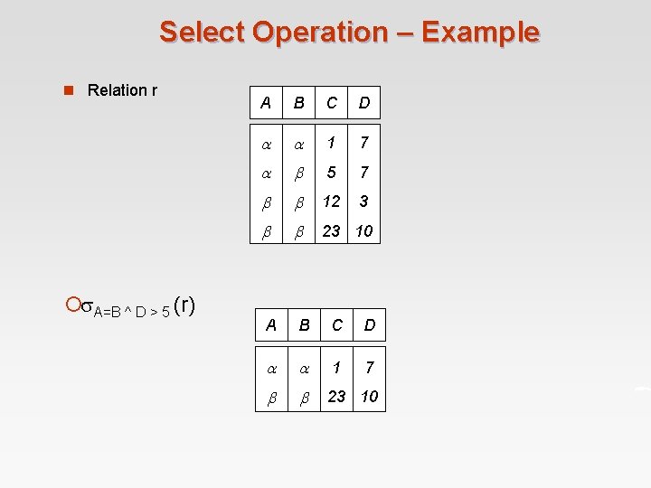 Select Operation – Example n Relation r ¡ A=B ^ D > 5 (r)