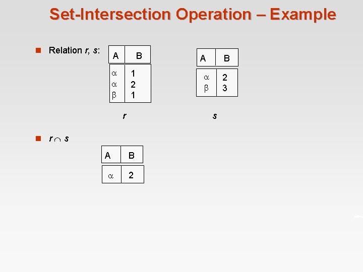 Set-Intersection Operation – Example n Relation r, s: A B 1 2 1 r