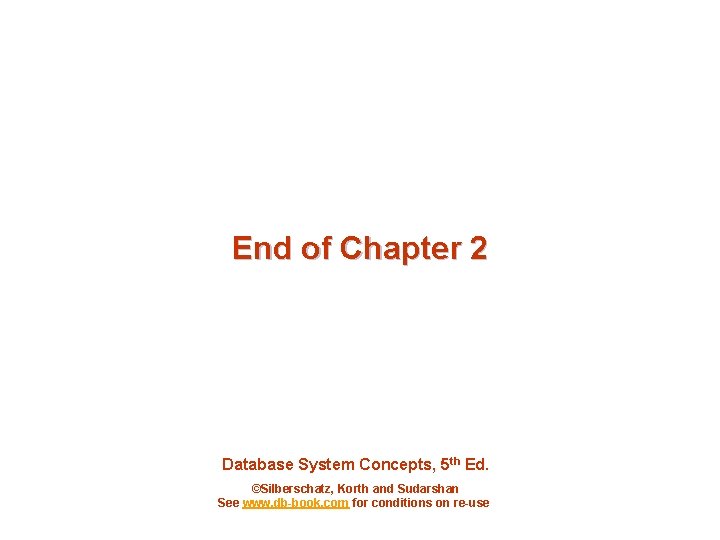 End of Chapter 2 Database System Concepts, 5 th Ed. ©Silberschatz, Korth and Sudarshan