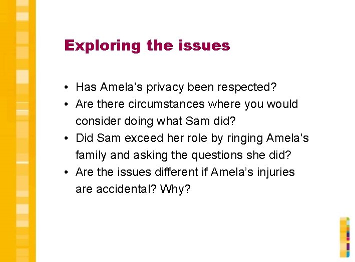 Exploring the issues • Has Amela’s privacy been respected? • Are there circumstances where