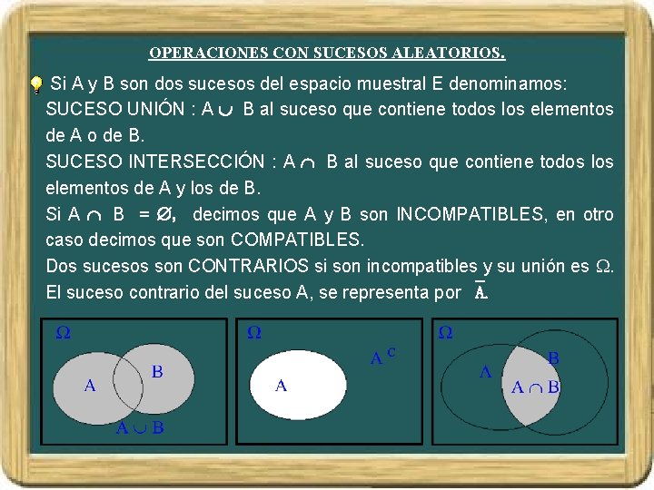 OPERACIONES CON SUCESOS ALEATORIOS. Si A y B son dos sucesos del espacio muestral