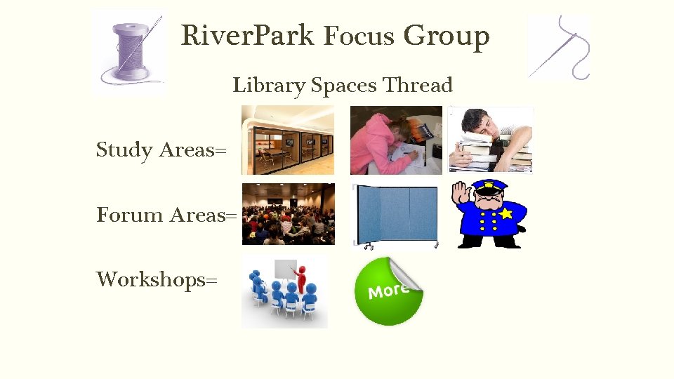 River. Park Focus Group Library Spaces Thread Study Areas= Forum Areas= Workshops= 