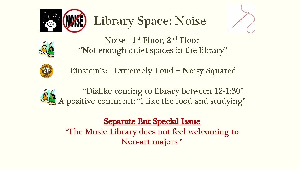 Library Space: Noise: 1 st Floor, 2 nd Floor “Not enough quiet spaces in