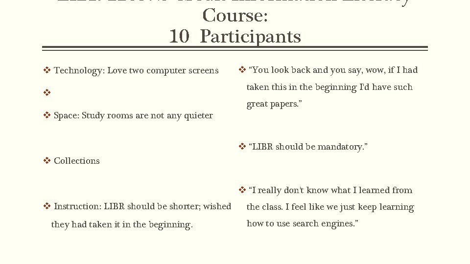 LIBR 1105: 2 Credit Information Literacy Course: 10 Participants v Technology: Love two computer