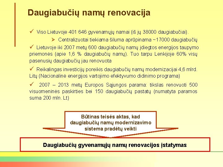 Daugiabučių namų renovacija ü Viso Lietuvoje 401 646 gyvenamųjų namai (iš jų 38000 daugiabučiai).