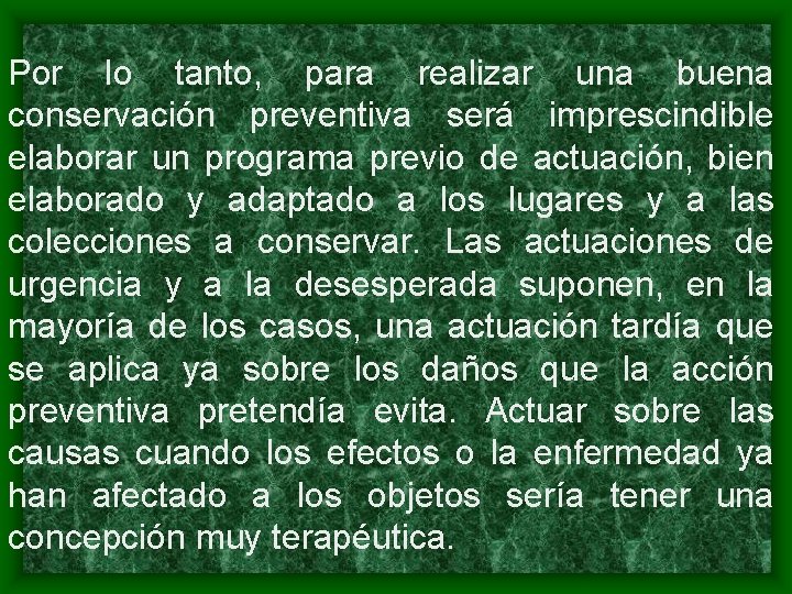 Por lo tanto, para realizar una buena conservación preventiva será imprescindible elaborar un programa