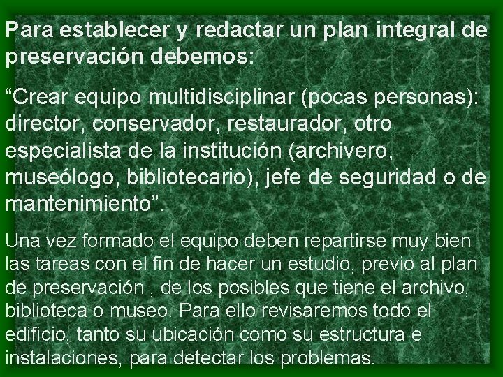 Para establecer y redactar un plan integral de preservación debemos: “Crear equipo multidisciplinar (pocas